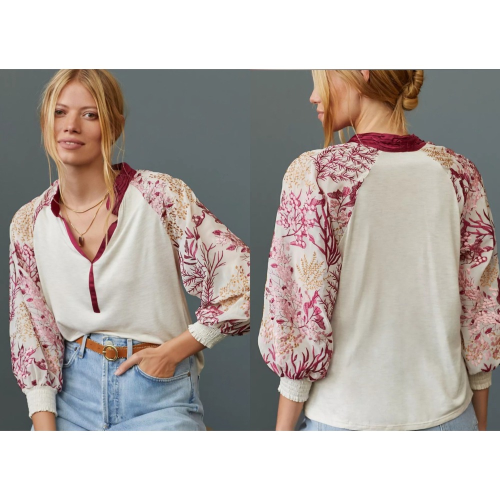Anthropologie Tiny Embroidered Sleeve Blouse NWT Cream Burgundy Floral‎ XS